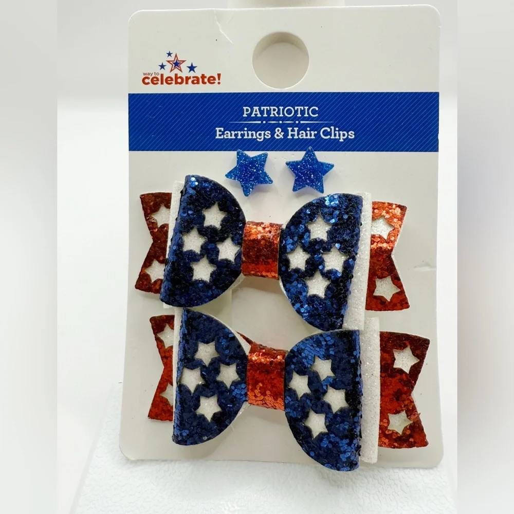Patriotic Hair Bow & Star Earrings Set | Red White Blue Glitter